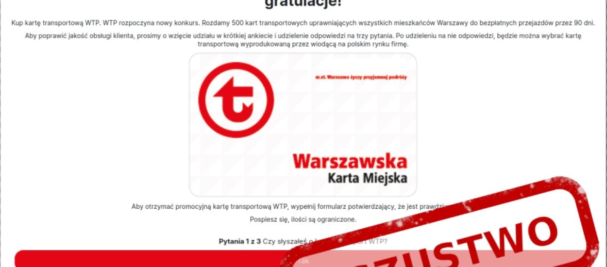 Nie, nie wygrałeś Warszawskiej Karty Miejskiej - to oszustwo